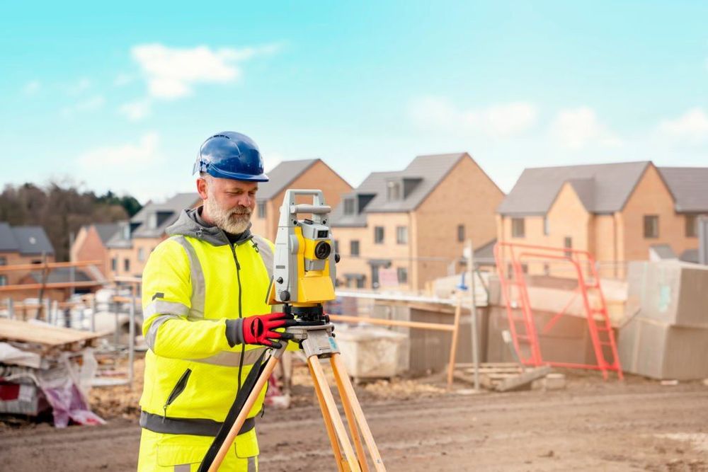 Surveyor with total station in suburban aerea